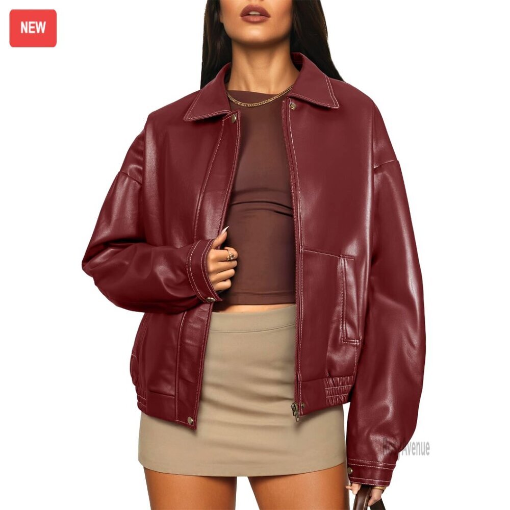 Faux Leather Motorcycle Jacket Oversized Bomber Zip Up Fall Winter Coat - Picture 1 of 5